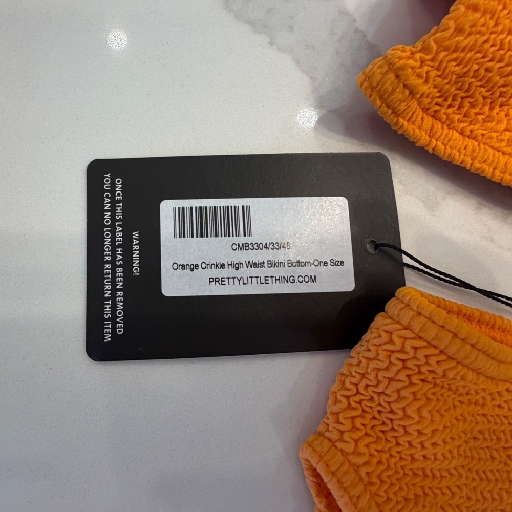 PrettyLittleThing Orange Crinkle Bikini Set Deep Scoop High Waist One Size NEW - Picture 4 of 8